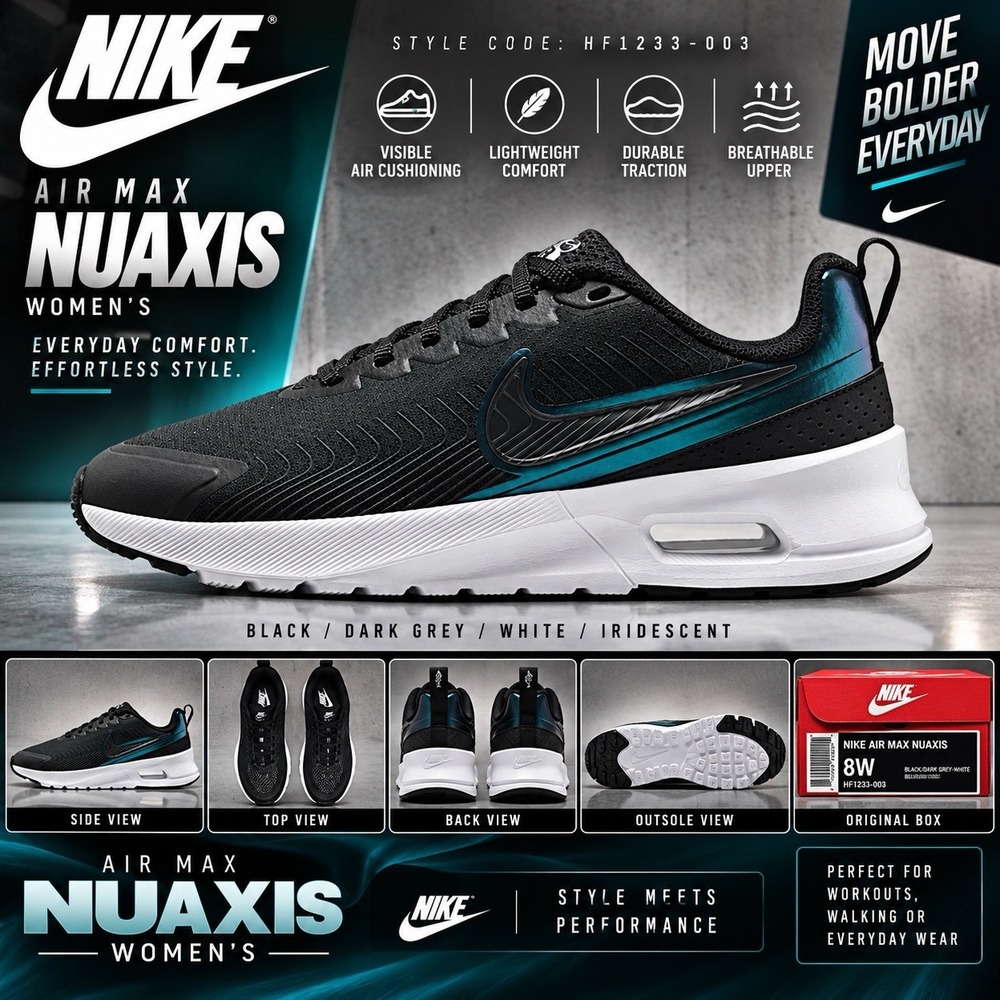 Nike Air Max Nuaxis Women's Black Dark Grey White HF1233-003 Black Iridescent 8W